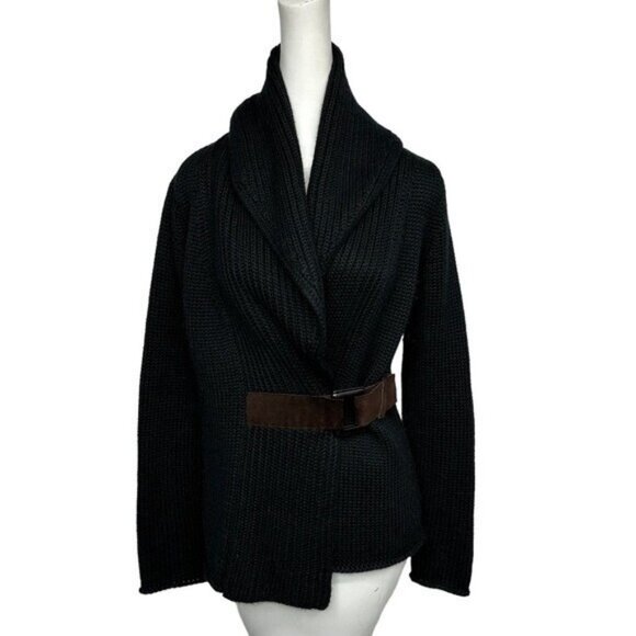 Soft Surroundings S Country Weekend Cardigan Sweater 22136 Black Wool Blend Belt - Picture 1 of 9